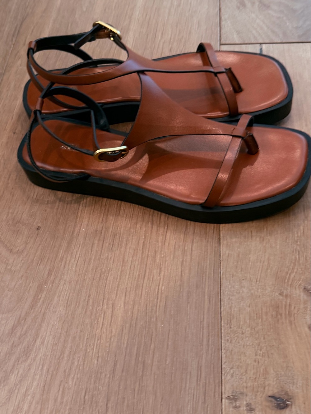 Zara Cognac Brown Leather T-Strap Flat Sandals with Gold Buckle. Worn once. - Picture 2 of 2